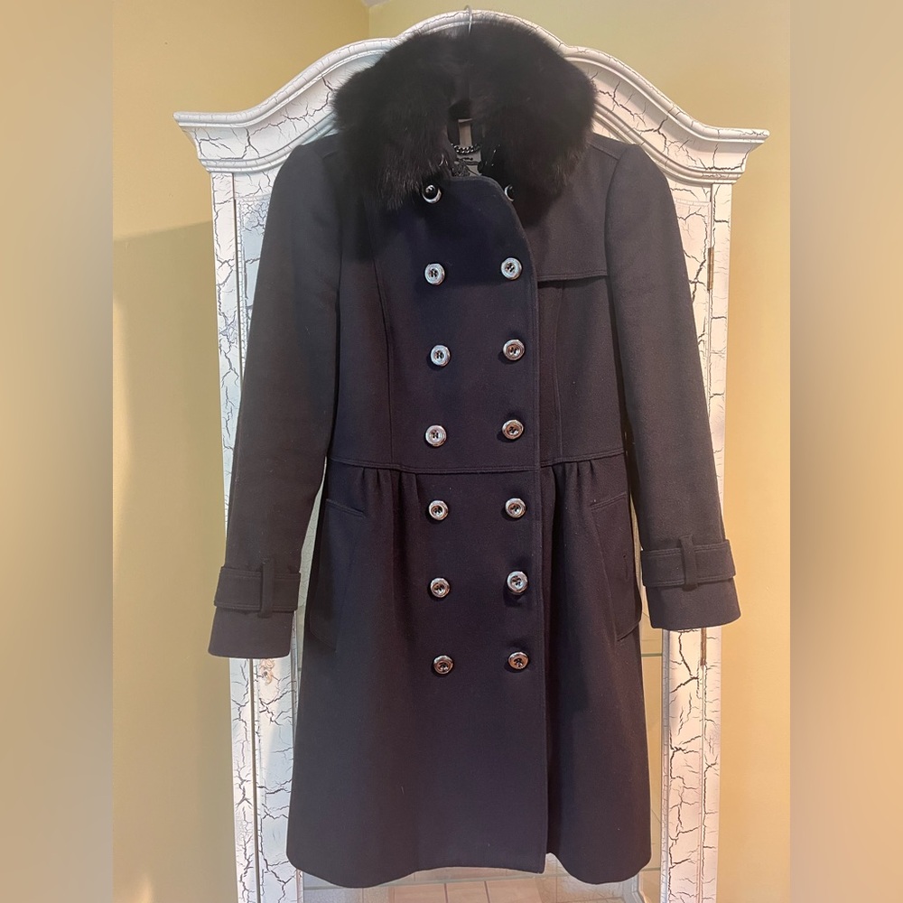 Burberry Black Double-Breasted Wool Coat with Fur Collar